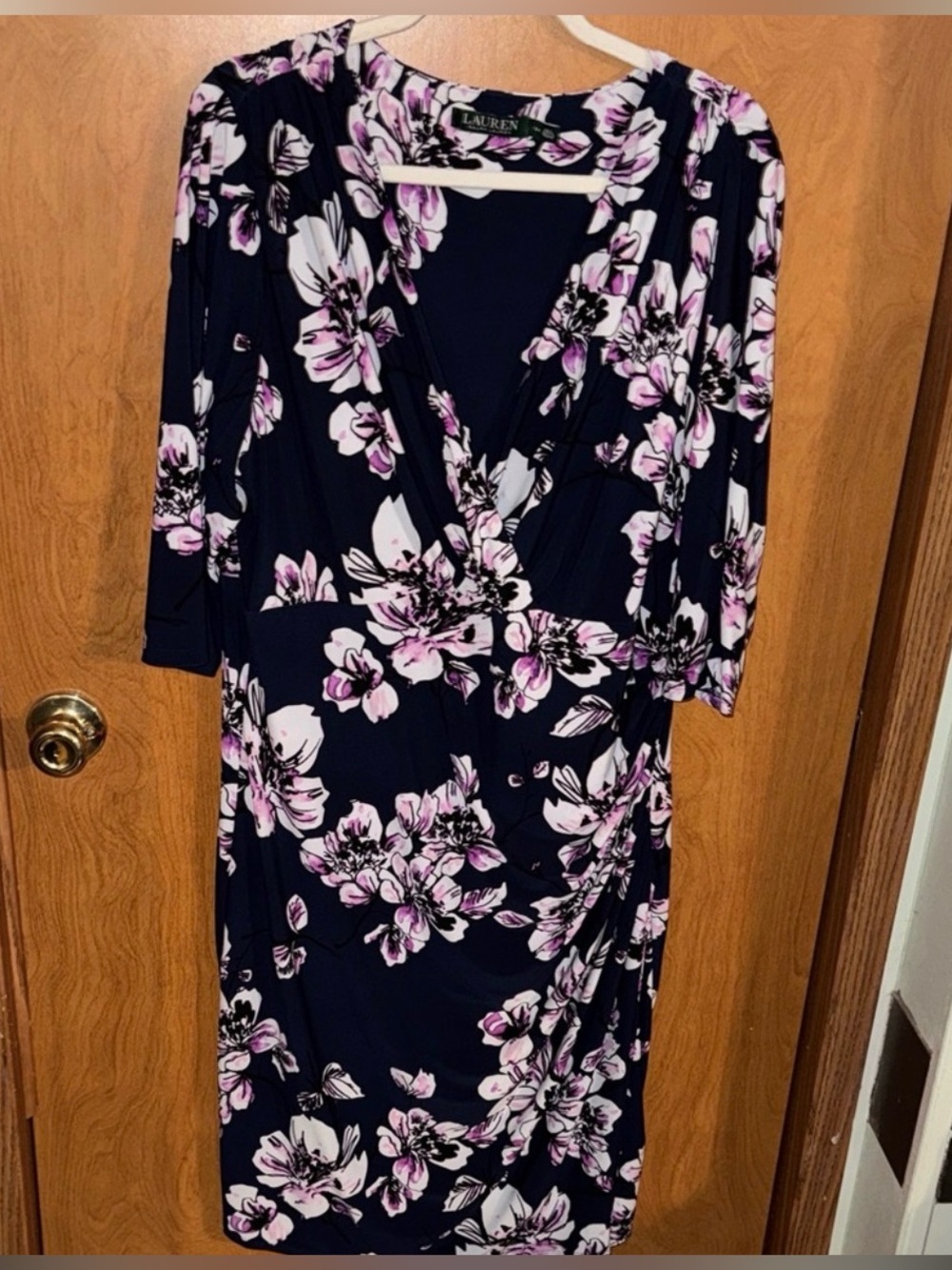 Lauren Ralph Lauren navy blue and pink floral v-neck faux-wrap dress size 18W